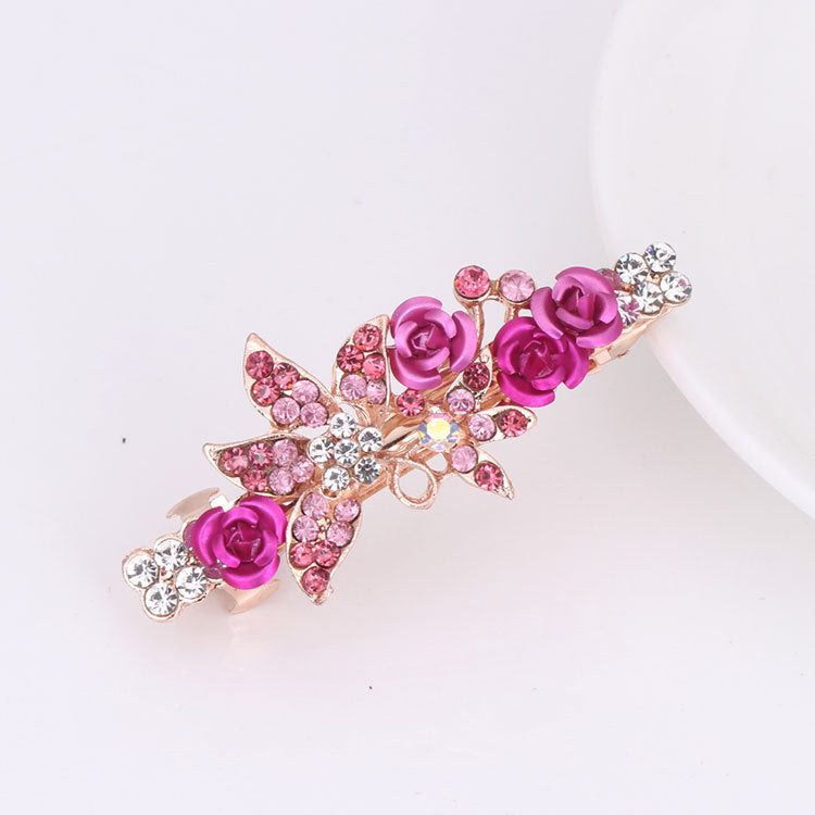 Small Korean Rose Flower Rhinestone Hairpin Headdress Women's All-match Small Top Clip Hair Clip Ponytail Clip Hair Accessories