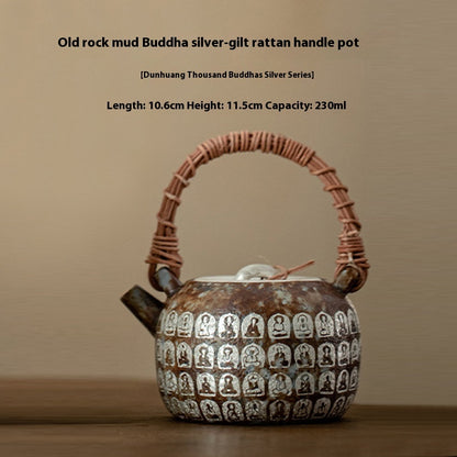 Dunhuang Buddha Old Rock Clay Silver Gilded Rattan Loop-handled Teapot