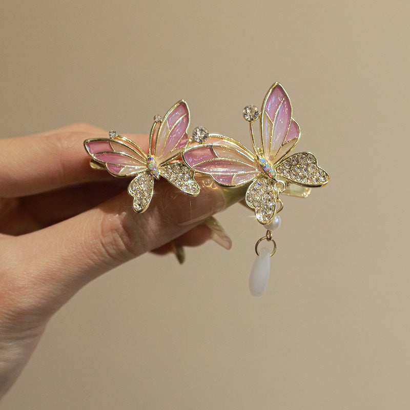 Super Fairy Cherry Blossom Pansy Pearl Tassel Hairpin Ancient Style Female Side Fringe Headdress Duckbill Clip