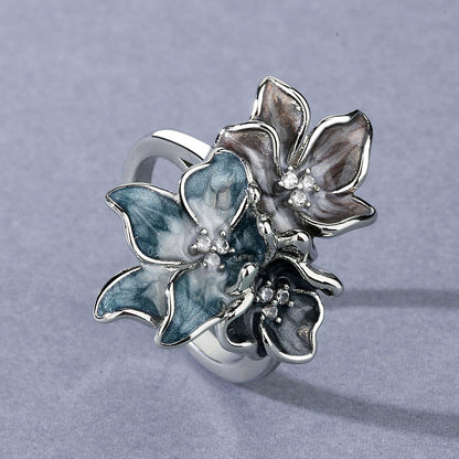 Simple Chinese Style Splash Ink Effect Epoxy Inlaid Zircon Retro Flower Ring For Women