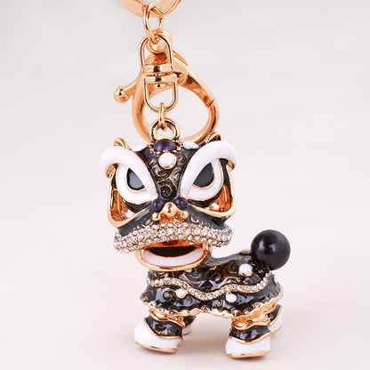 Chinese cute lion dance alloy keychain rotating lion dance car ornaments