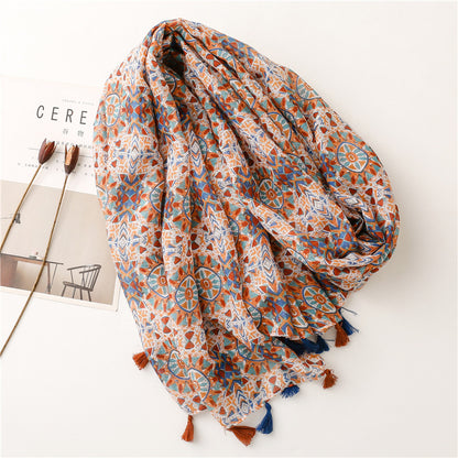 Retro Ethnic Style Voile Cotton And Linen Feel Scarf Women's Thin Type Sunscreen Shawl