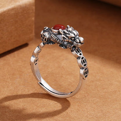 Retro Plated S925 Sterling Silver Good Fortune Pixiu Ring