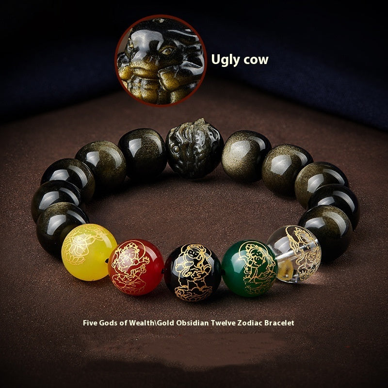 Five Gods Of Wealth Lucky Beads Bracelet Zodiac Gold Obsidian Handheld Rosary