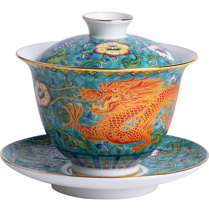 Enamel Ceramic Gaiwan Dragon And Phoenix Tea Cup