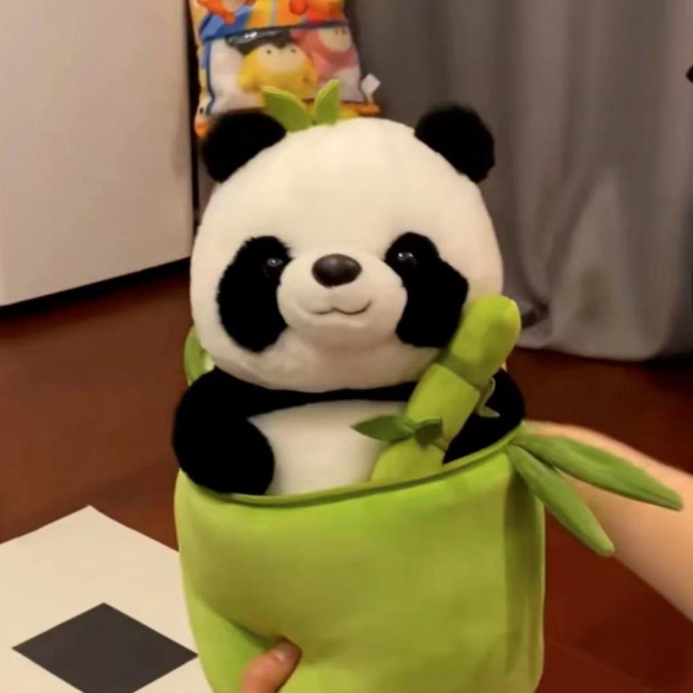 Simulated Bamboo Tube Flower Panda Pillow Doll