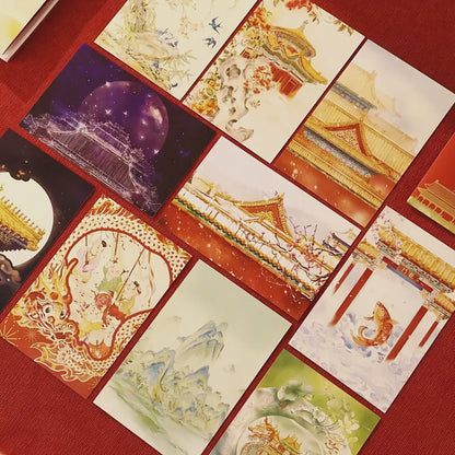 video-Forbidden City Chinese Style Postcard Hand-painted New Year Greeting Cards Gift